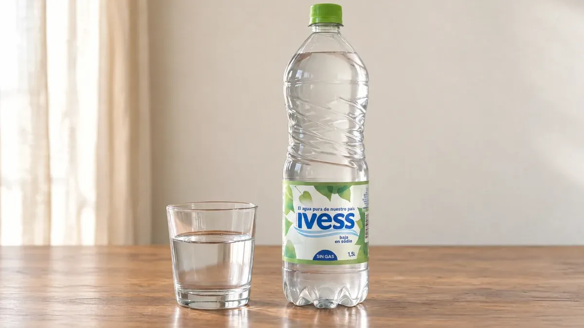 Una botella de agua IVESS y un vaso de agua sobre una mesa de madera