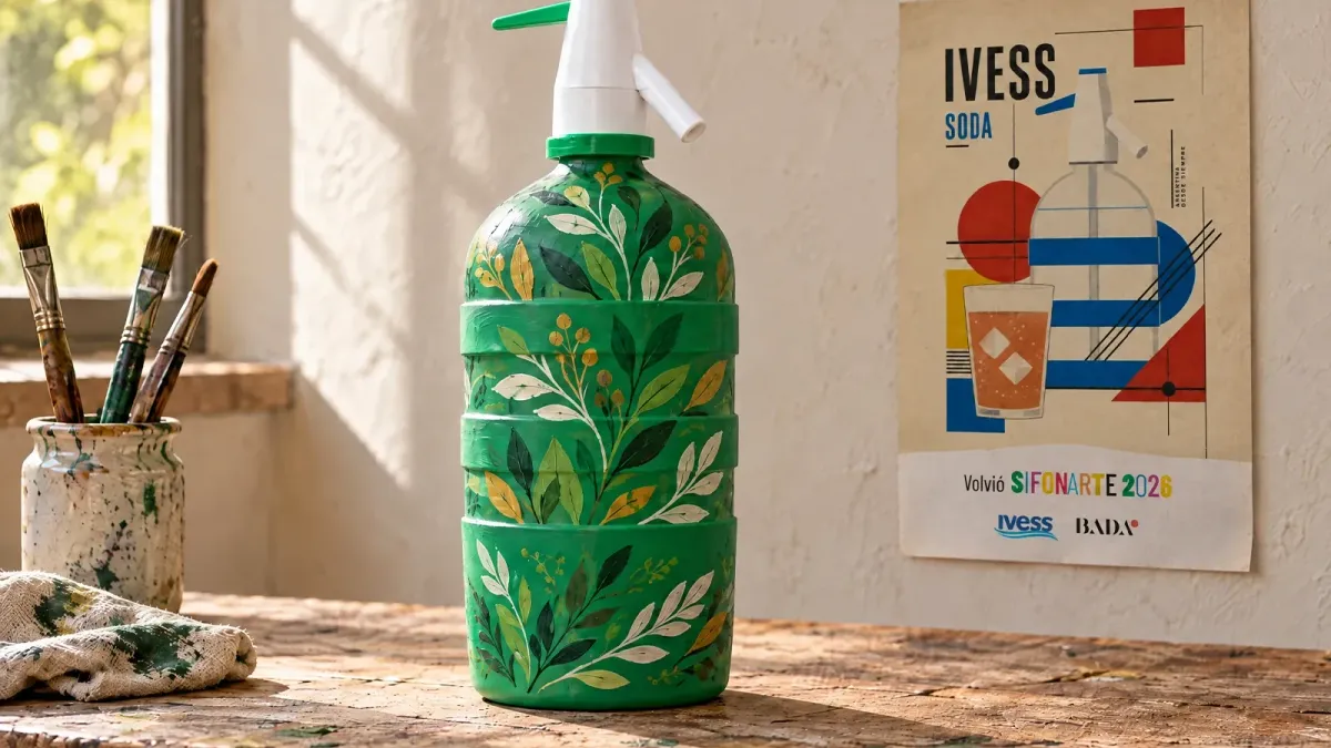 Un sifón IVESS pintado con hojas junto a pinceles y un afiche de SIFONARTE