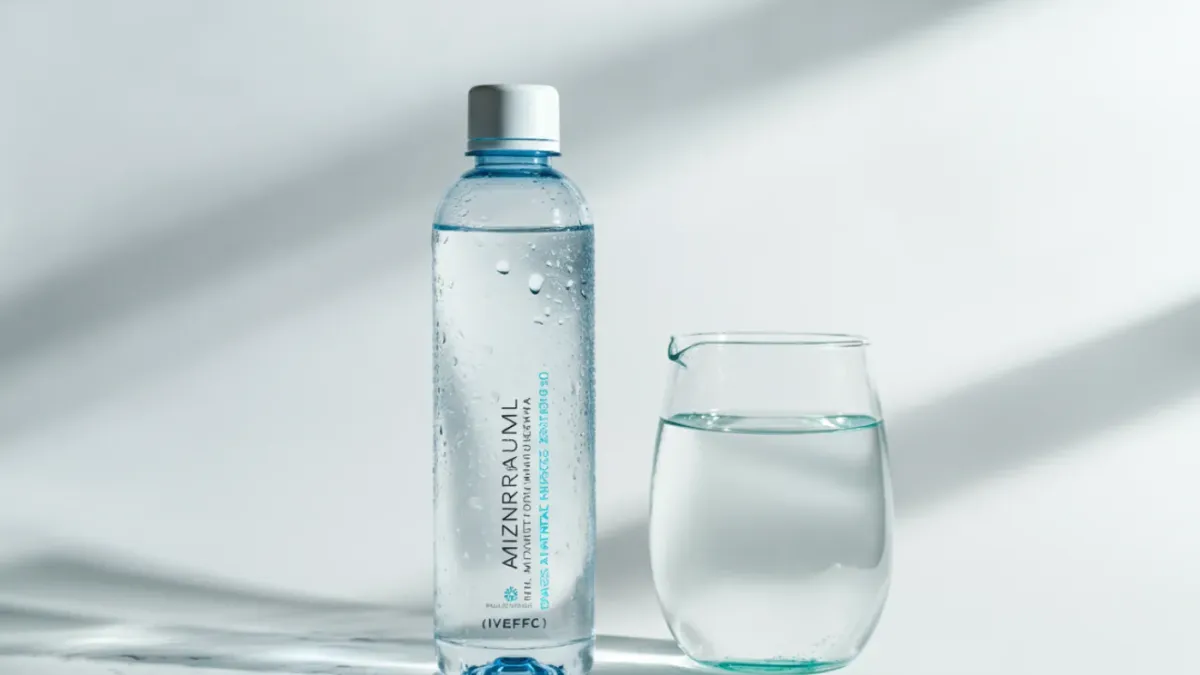 Ilustración de una botella y un vaso de agua mineral cristalina, representando los beneficios de la hidratación pura y segura para el hogar.