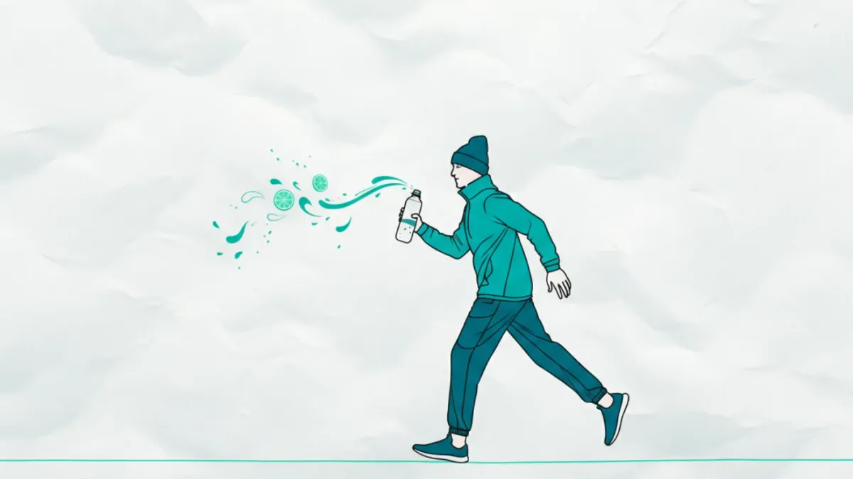 Una persona en ropa deportiva de invierno (buzo, gorro) corriendo al aire libre bajo un cielo soleado, sosteniendo una bot...