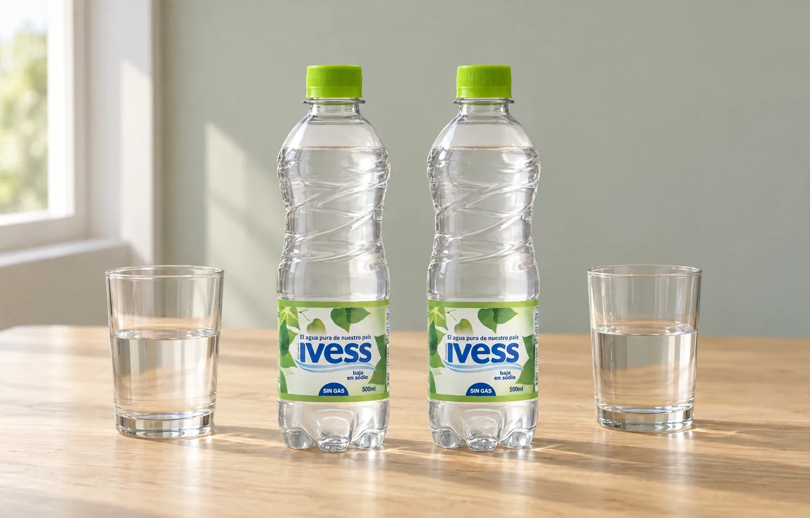 Dos botellas IVESS de agua sin gas de 500 ml junto a dos vasos de agua