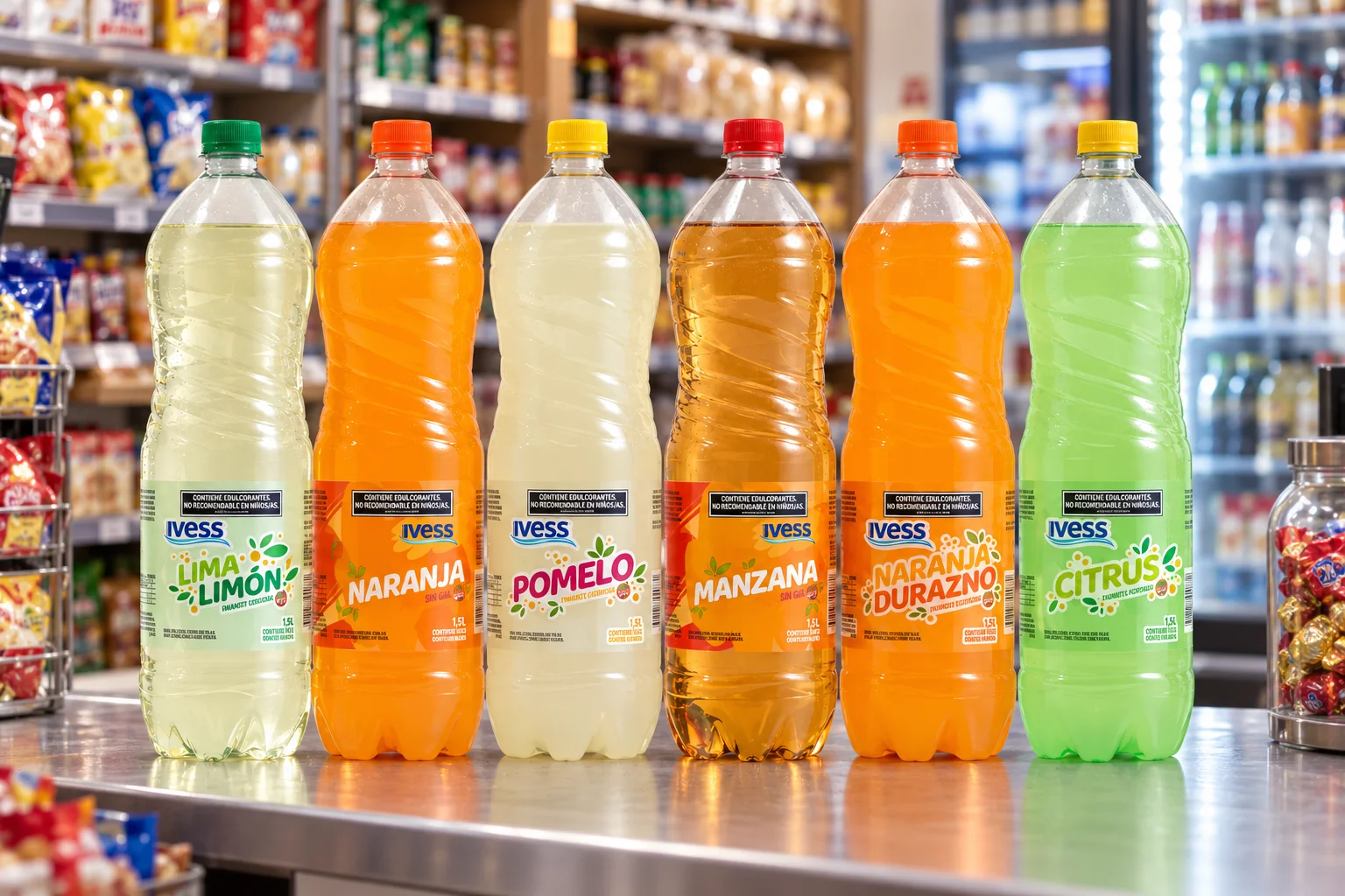 Botellas de agua saborizada IVESS de 1,5 litros en la exhibidora de un comercio