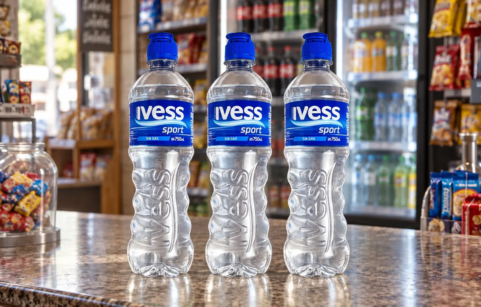 Tres botellas de agua IVESS Sport sin gas de 750 ml sobre un mostrador