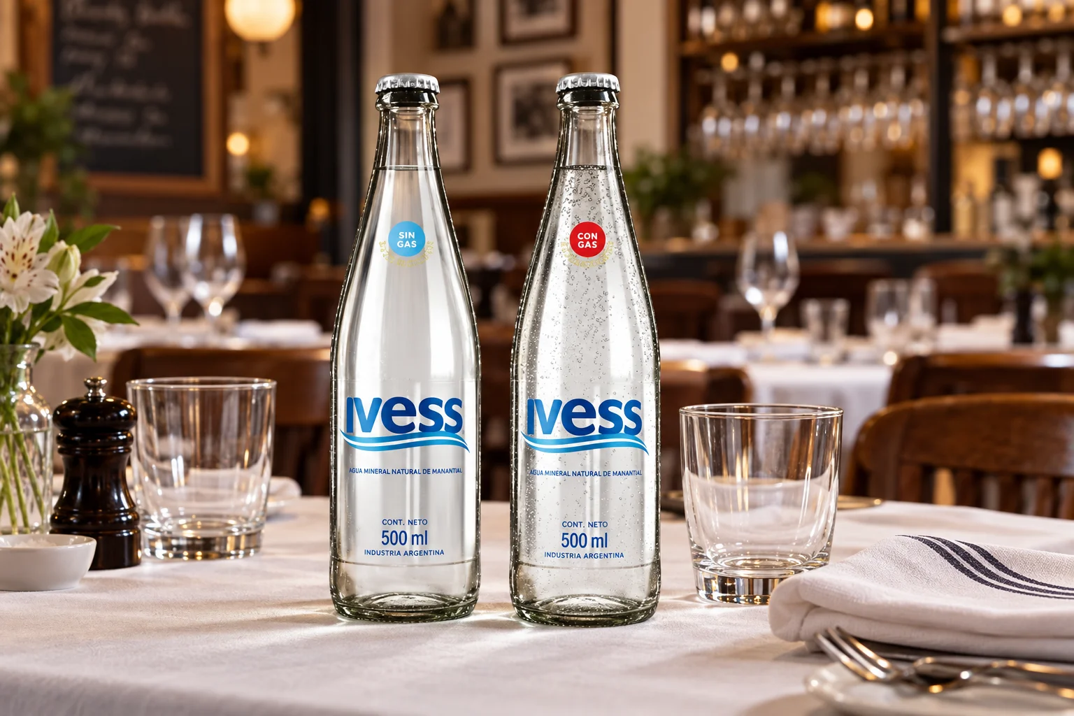 Botellas de agua IVESS en vidrio de 500 centímetros cúbicos sobre la mesa de un restaurante