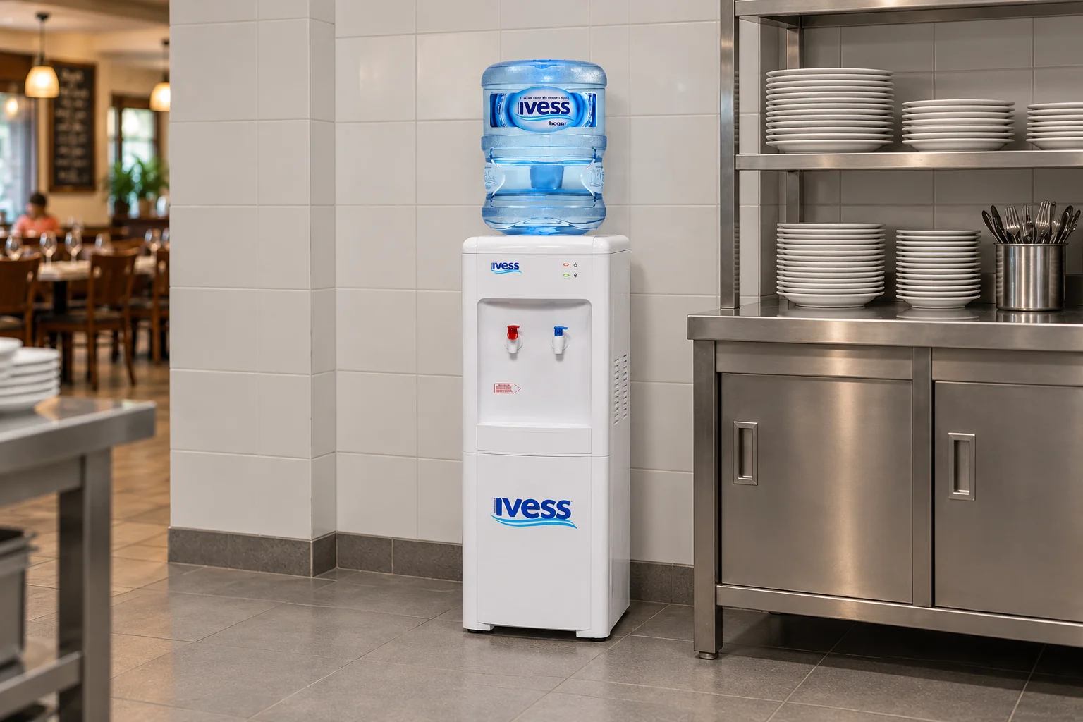 Dispenser IVESS frío-calor de pie en un espacio de trabajo gastronómico