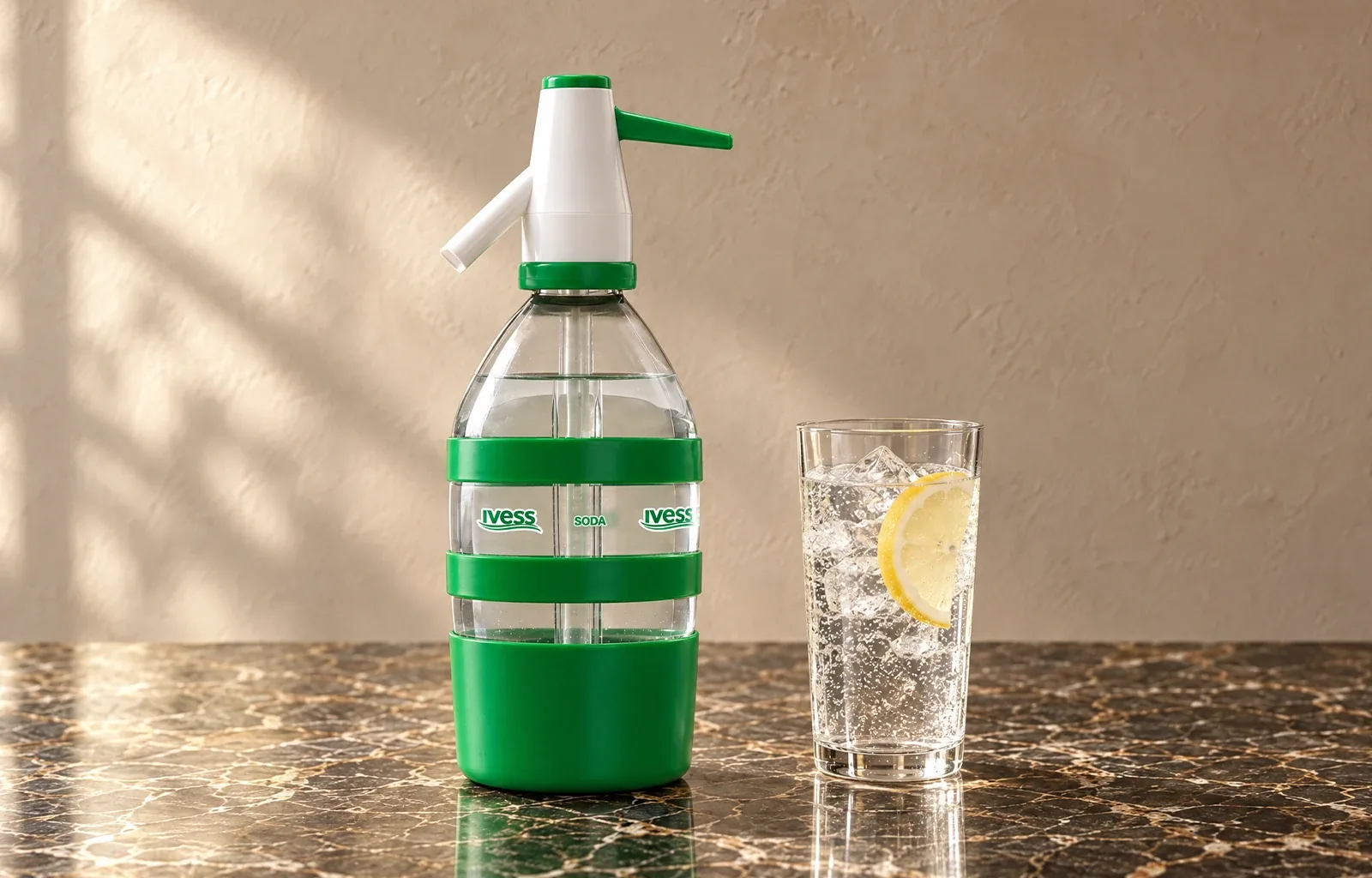 Sifón PET IVESS de 650 cc junto a un vaso de soda con hielo y limón sobre una mesa de mármol