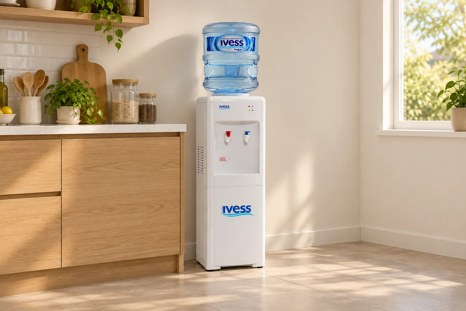 Botellón azul IVESS tradicional colocado en un dispenser frío-calor de pie en un hogar
