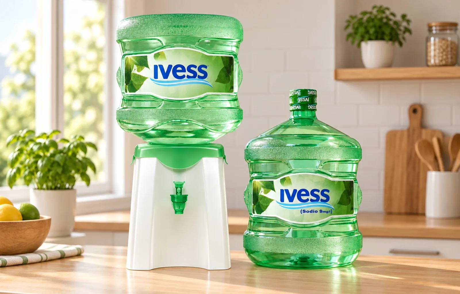 Un botellón IVESS de 12 litros sobre un dispenser natural y otro bajo en sodio sobre la mesada de una cocina