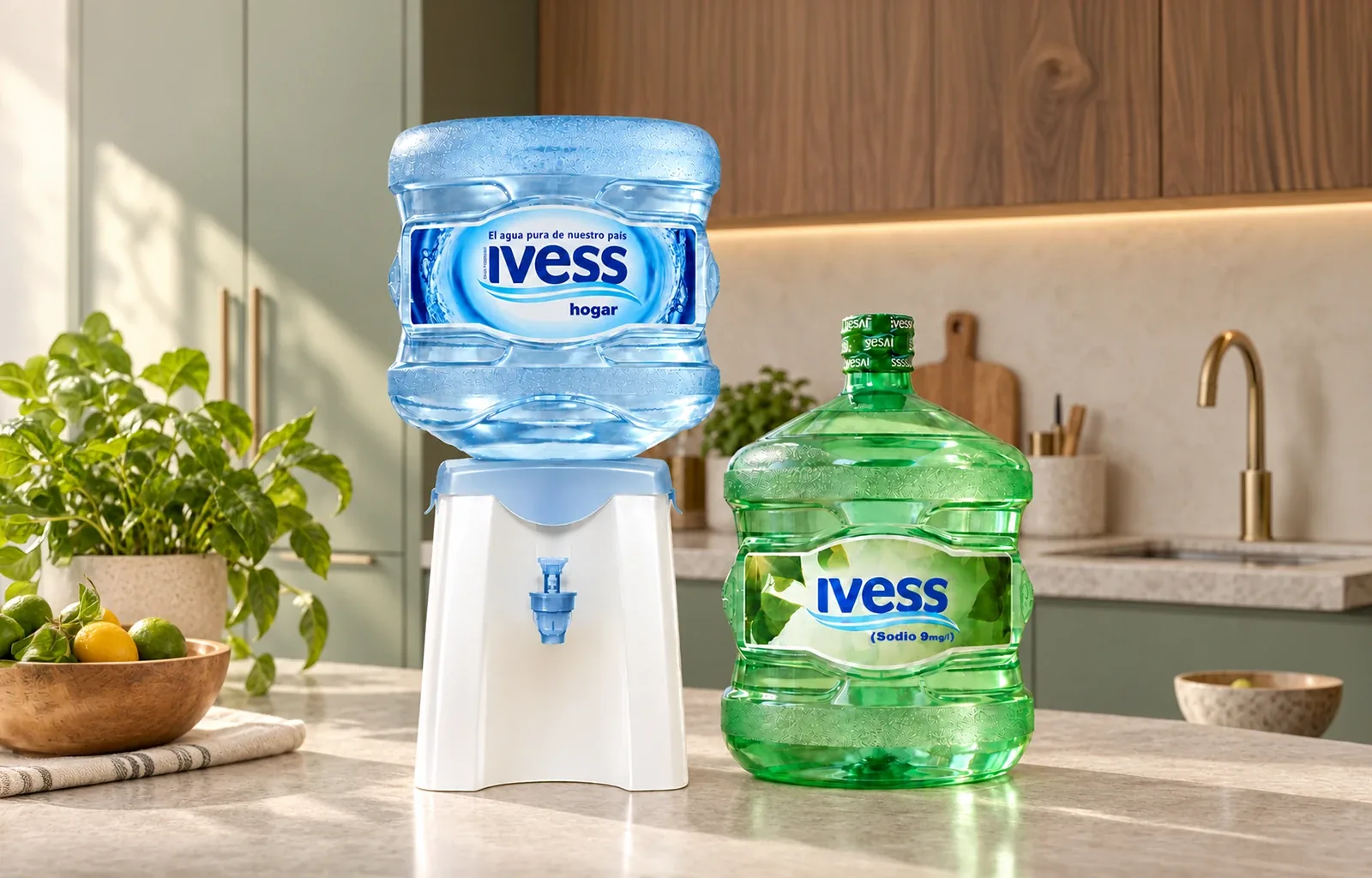 Un botellón IVESS Hogar sobre un dispenser natural y uno bajo en sodio sobre la mesada de una cocina