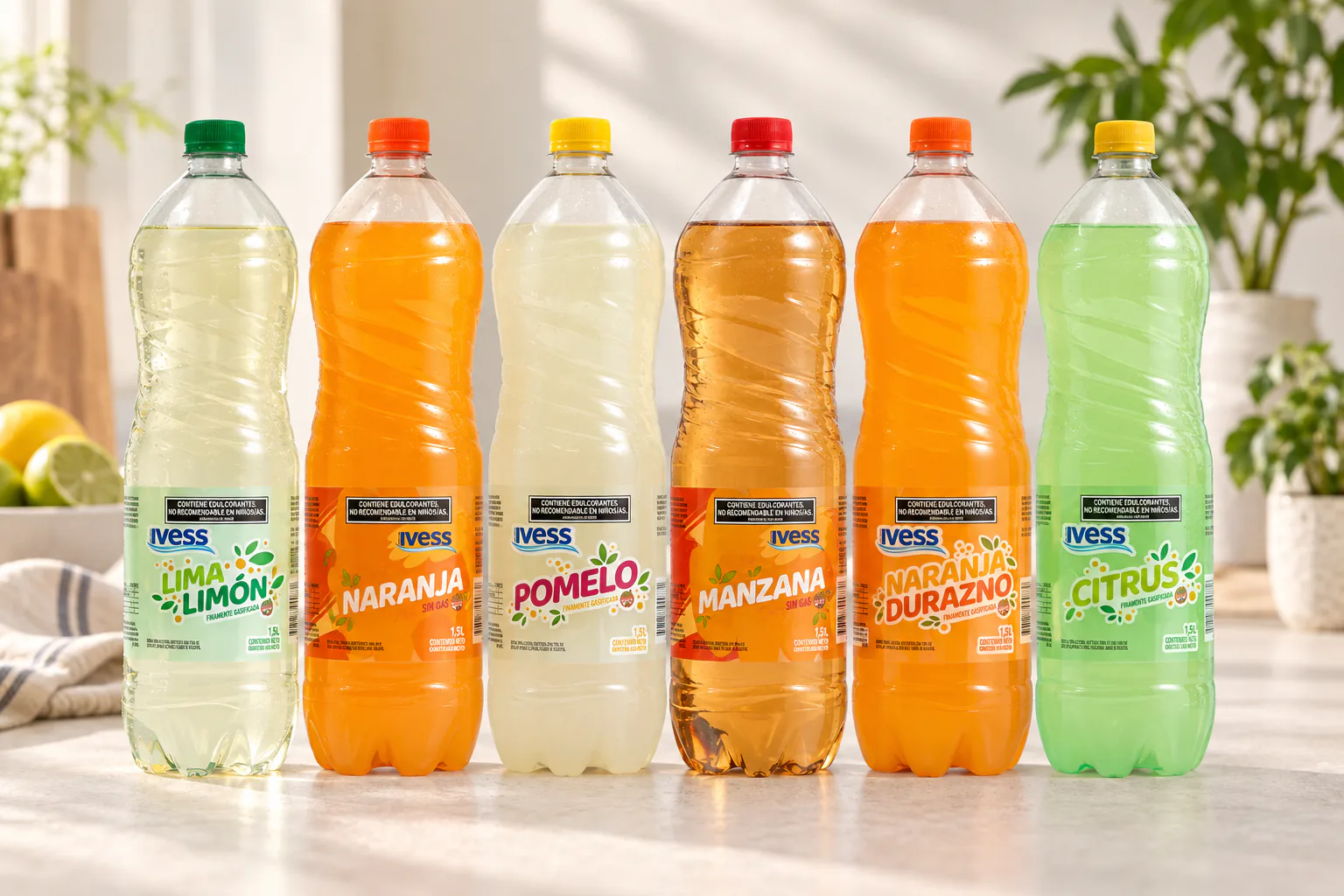 Seis botellas de agua saborizada IVESS de distintos sabores