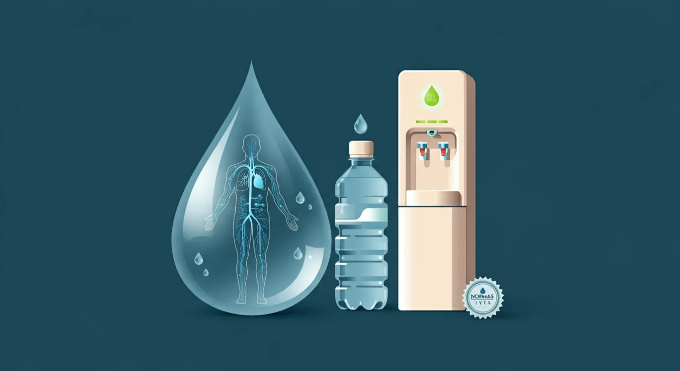 Ilustración que muestra una gota de agua transparente con el esquema de un cuerpo humano en su interior, junto a un dispenser y un botellón de agua, representando la importancia del agua pura para la salud y la hidratación.