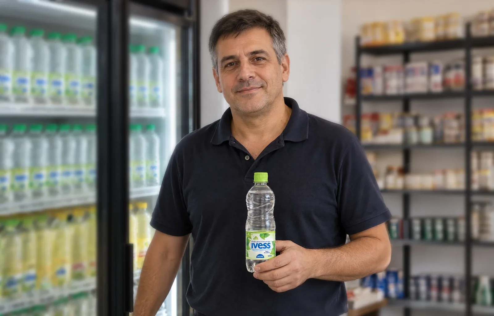 Una persona reponiendo aguas y saborizadas IVESS en la heladera de un comercio