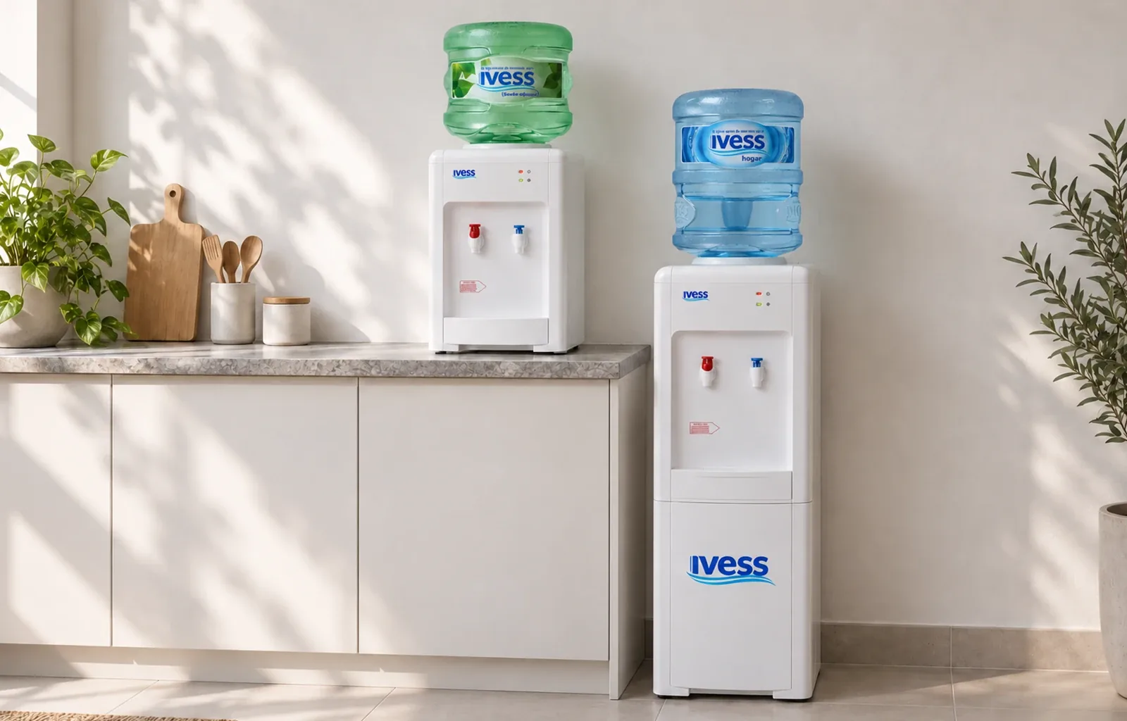 Dispenser IVESS frío-calor de mesada con botellón bajo sodio y dispenser de pie con botellón Hogar