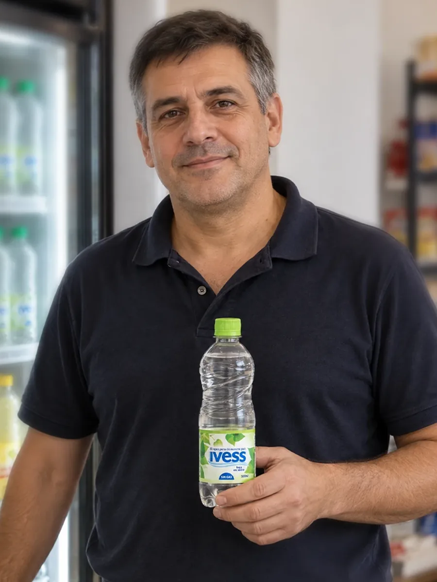 Un comerciante sostiene una botella de agua IVESS sin gas junto a la heladera de su local