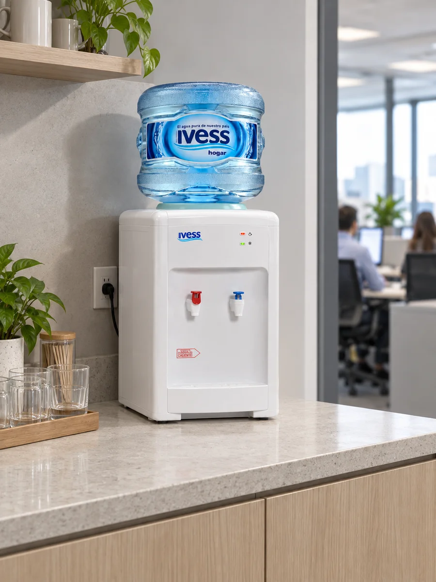 Dispenser IVESS frío-calor de mesada con botellón en el office de una empresa