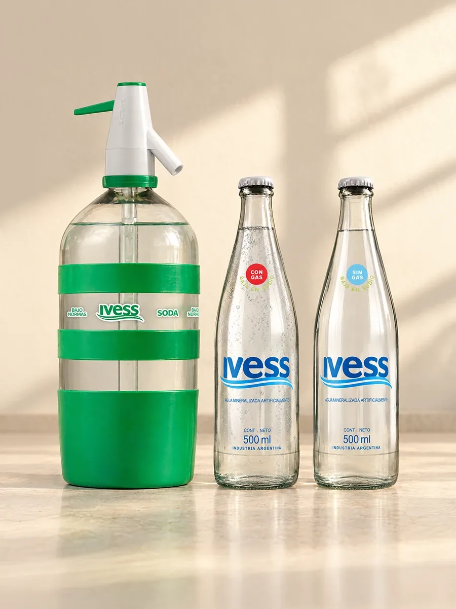 Un sifón IVESS junto a dos botellas de vidrio IVESS de 500 ml, con y sin gas