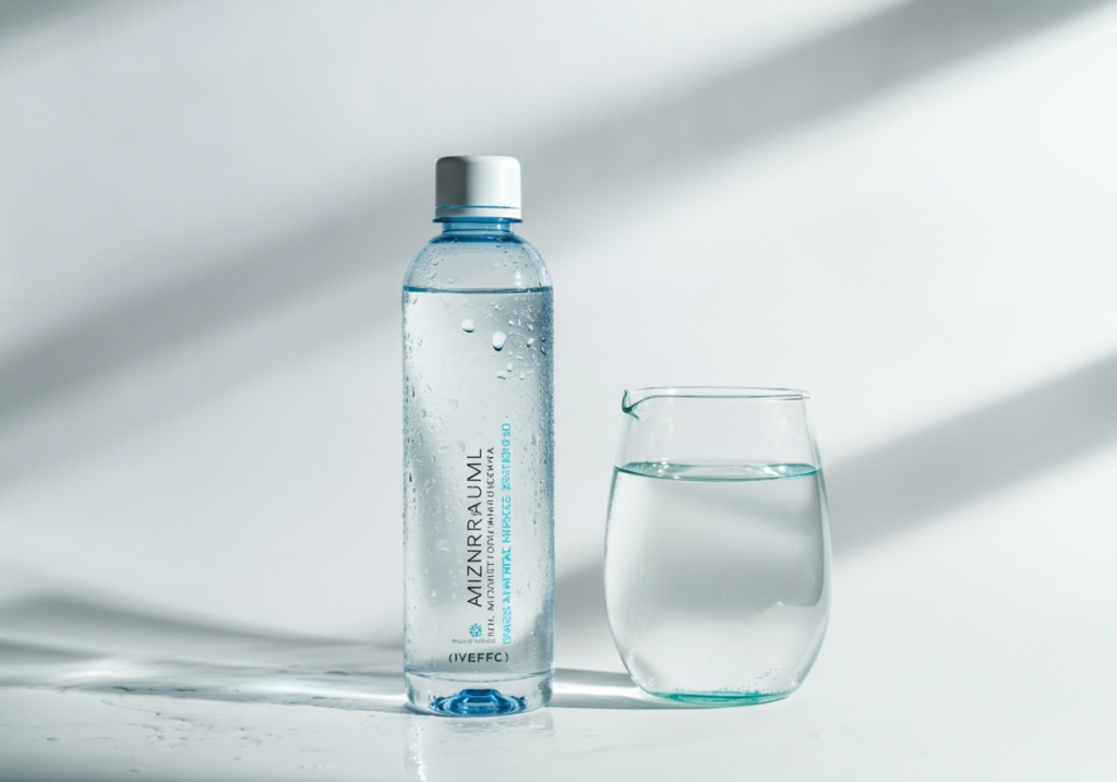 Ilustración de una botella y un vaso de agua mineral cristalina, representando los beneficios de la hidratación pura y segura para el hogar.