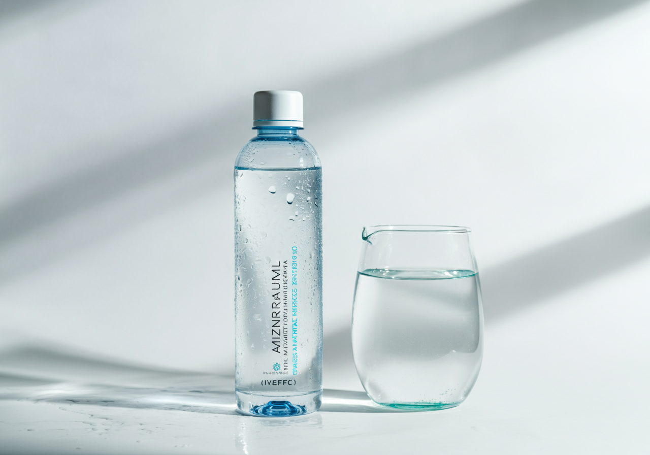 Ilustración de una botella y un vaso de agua mineral cristalina, representando los beneficios de la hidratación pura y segura para el hogar.