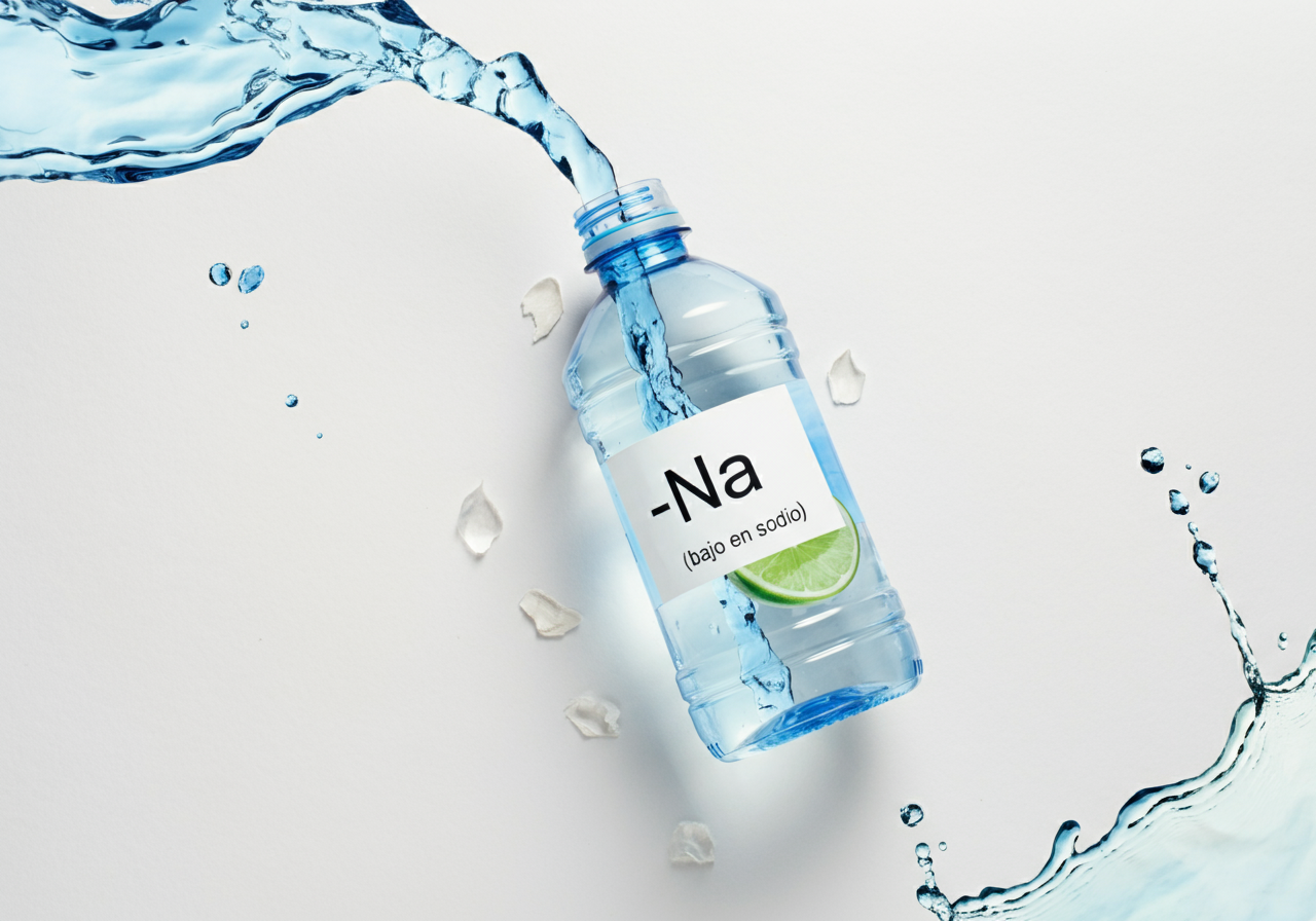 Una botella de agua estilizada y transparente con una etiqueta que dice '-Na' (bajo en sodio), de la que brota un chorro d...
