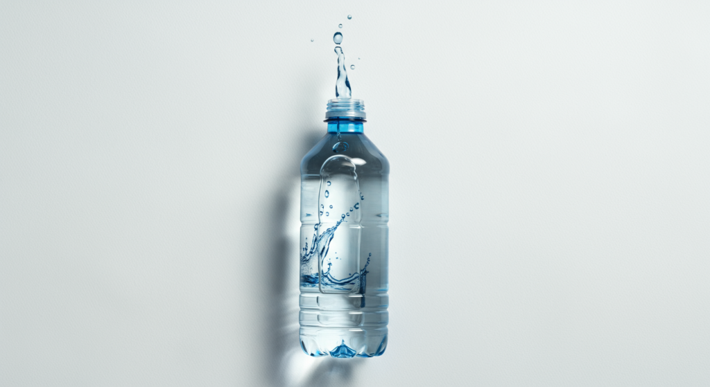 Una botella de agua retornable estilizada, con una etiqueta de certificación sutil, de la que brota un chorro de agua cris...