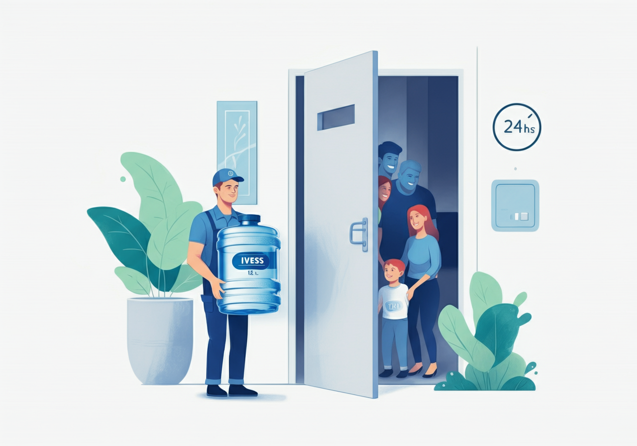 Ilustración minimalista de un botellón de agua IVESS estilizado siendo entregado en la puerta de una casa moderna, con un ...