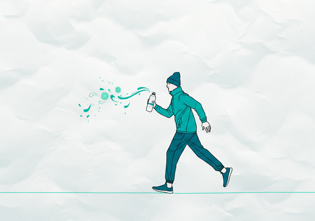 Una persona en ropa deportiva de invierno (buzo, gorro) corriendo al aire libre bajo un cielo soleado, sosteniendo una bot...