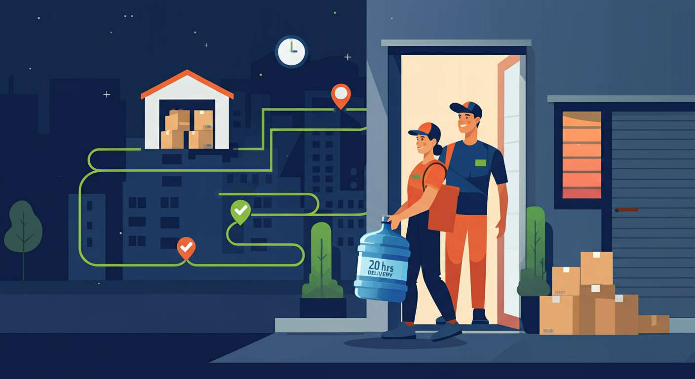 Ilustración de repartidor entregando botellón de agua de 20 litros en la puerta de una casa, con una familia recibiéndolo, representando el servicio puerta a puerta en menos de 24 horas sin cargo