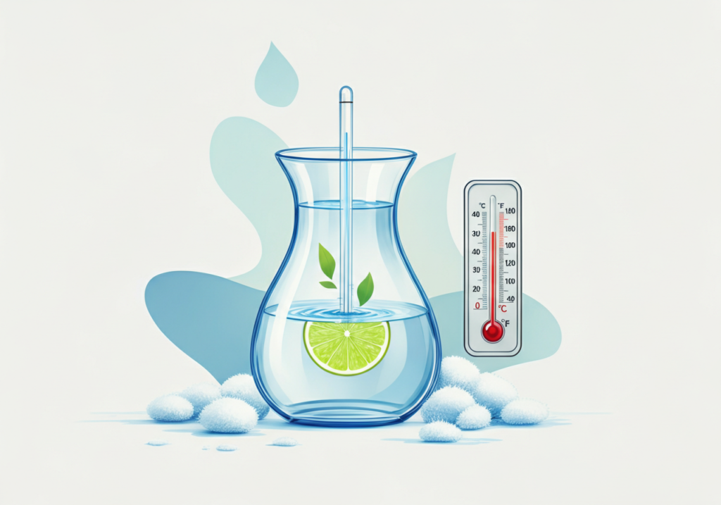Ilustración de un vaso de agua con copos de nieve y gota expresiva en verde lima, representando la importancia de mantener la hidratación durante el invierno