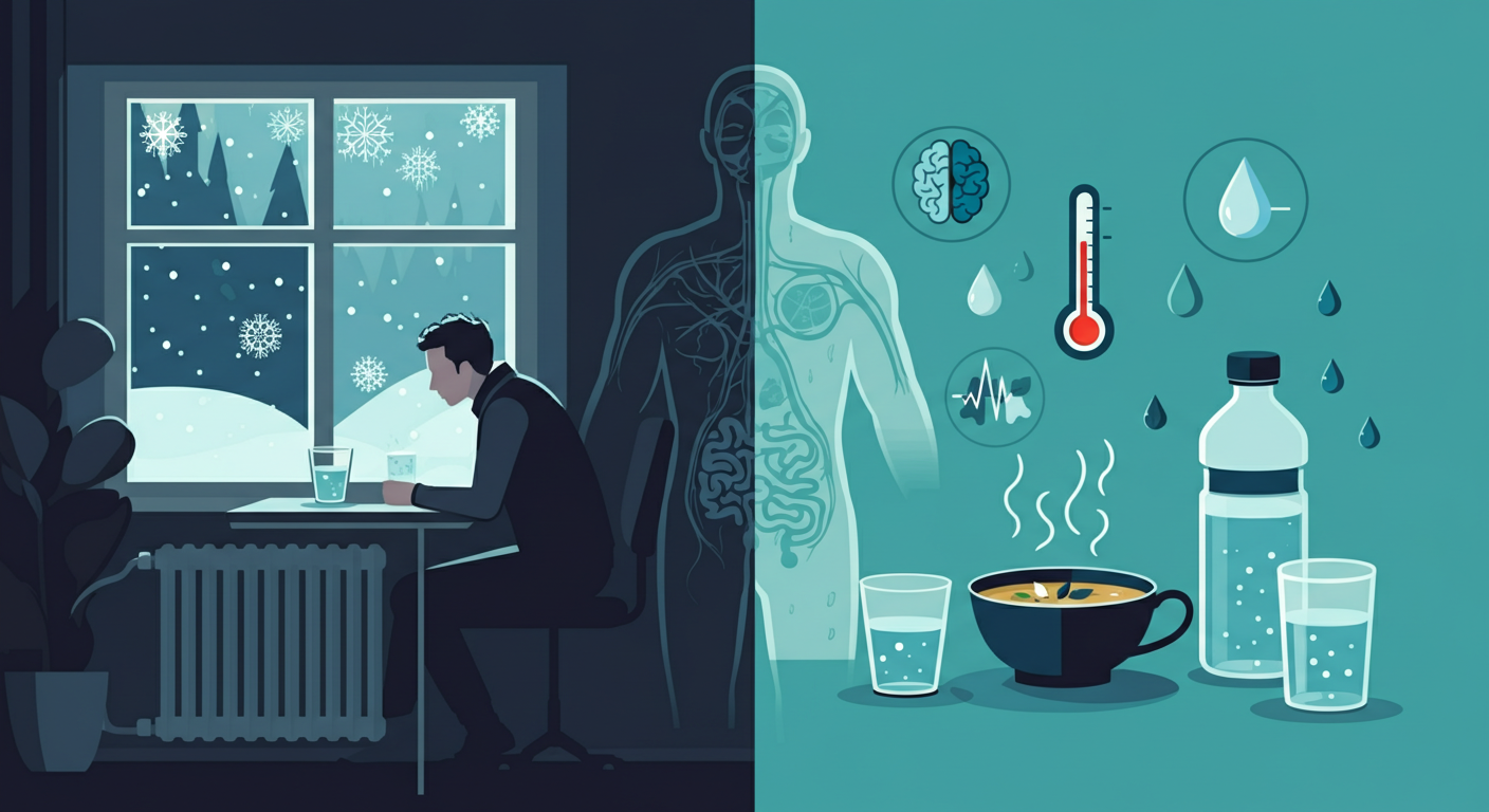 Ilustración que muestra la disminución de la sensación de sed en invierno por el frío y la calefacción, junto a hábitos saludables de hidratación como beber agua, infusiones y caldos durante los meses fríos.