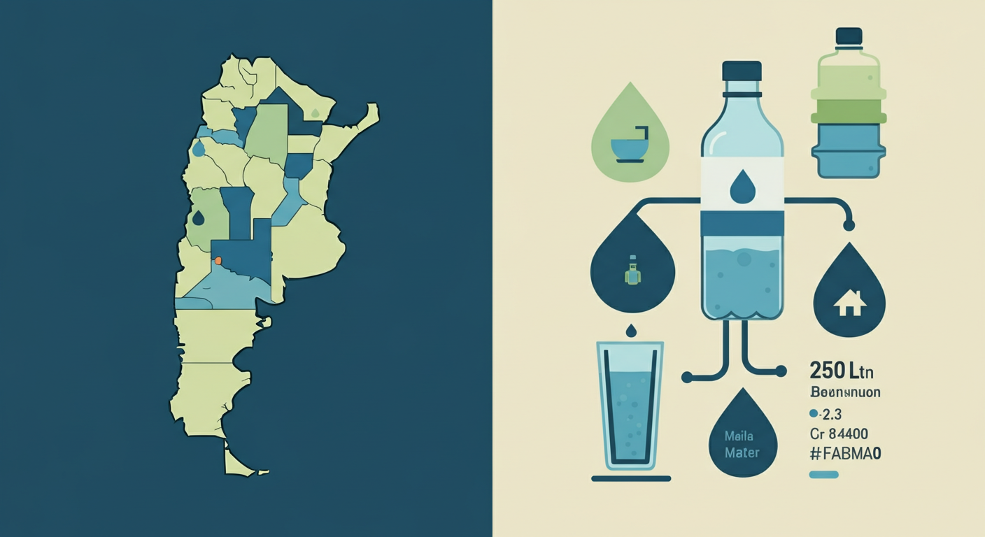Ilustración flat design que muestra el consumo de agua en Argentina: mapa del Gran Buenos Aires con zonas de acceso diferenciado al agua potable y panel comparativo de consumo diario por habitante versus ingesta recomendada de hidratación, con ícono de botellón de agua.