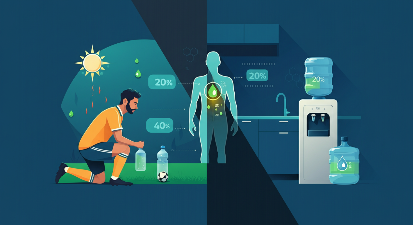 Ilustración de estilo flat design que muestra la conexión entre la hidratación de un futbolista durante un partido bajo el calor y los hábitos cotidianos de consumo de agua en el hogar u oficina, con una silueta humana central que representa la importancia del agua para el cuerpo.