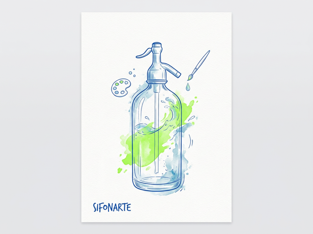 Ilustración minimalista de un sifón de soda retornable clásico argentino como protagonista absoluto, decorado con salpicad...
