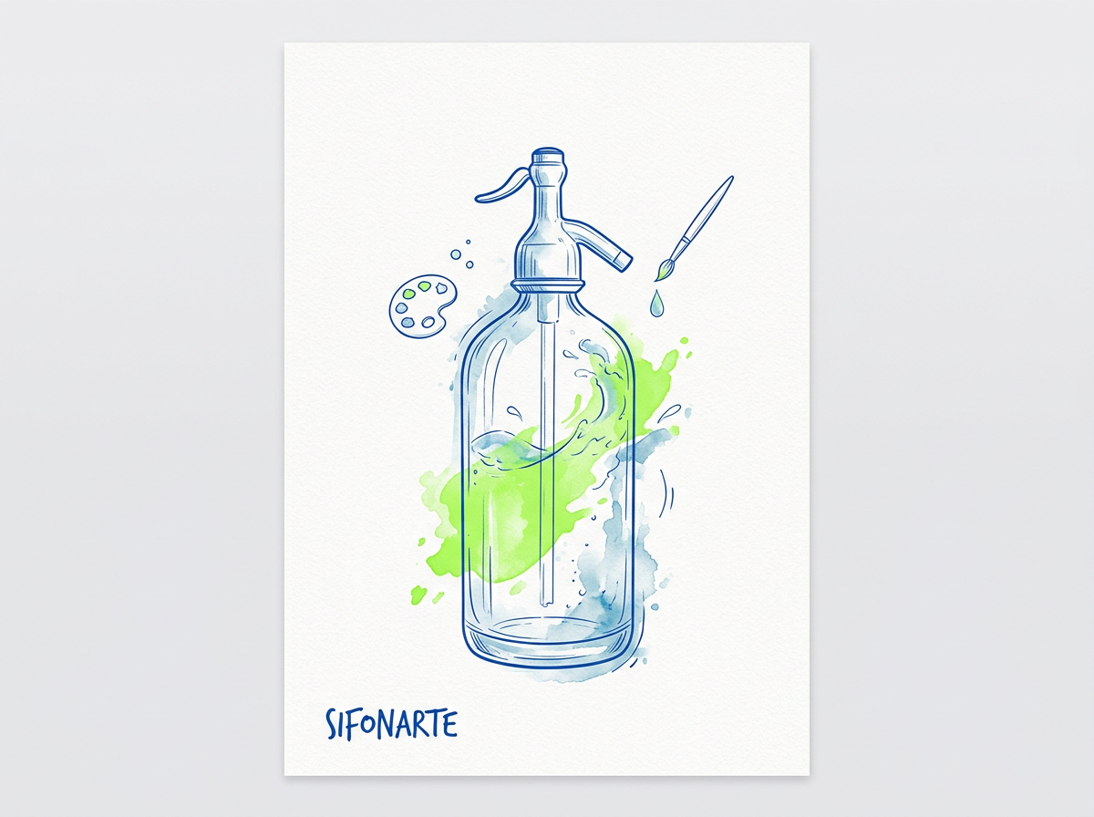 Ilustración minimalista de un sifón de soda retornable clásico argentino como protagonista absoluto, decorado con salpicad...