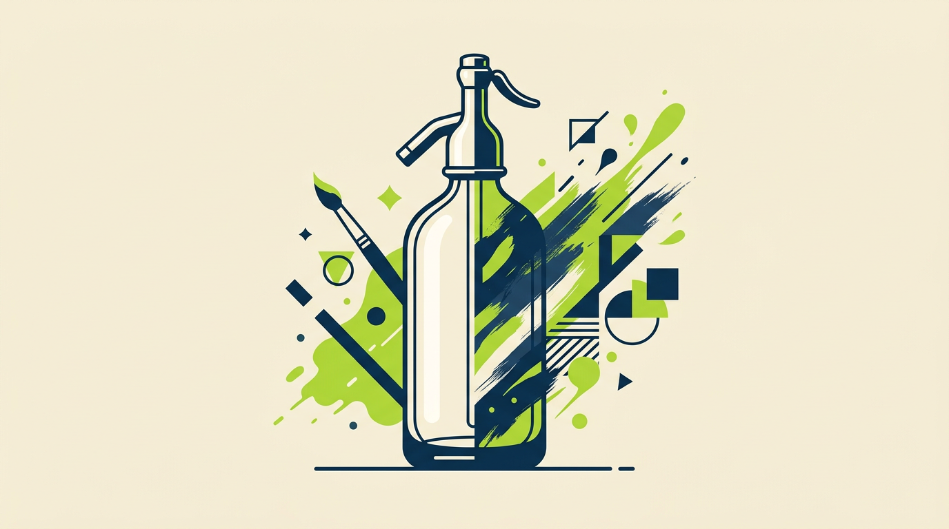 Ilustración flat design de un sifón de soda argentino clásico que se transforma en obra de arte, con elementos de pintura y diseño de póster fluyendo desde el objeto, en paleta de azul medianoche, verde lima y crema