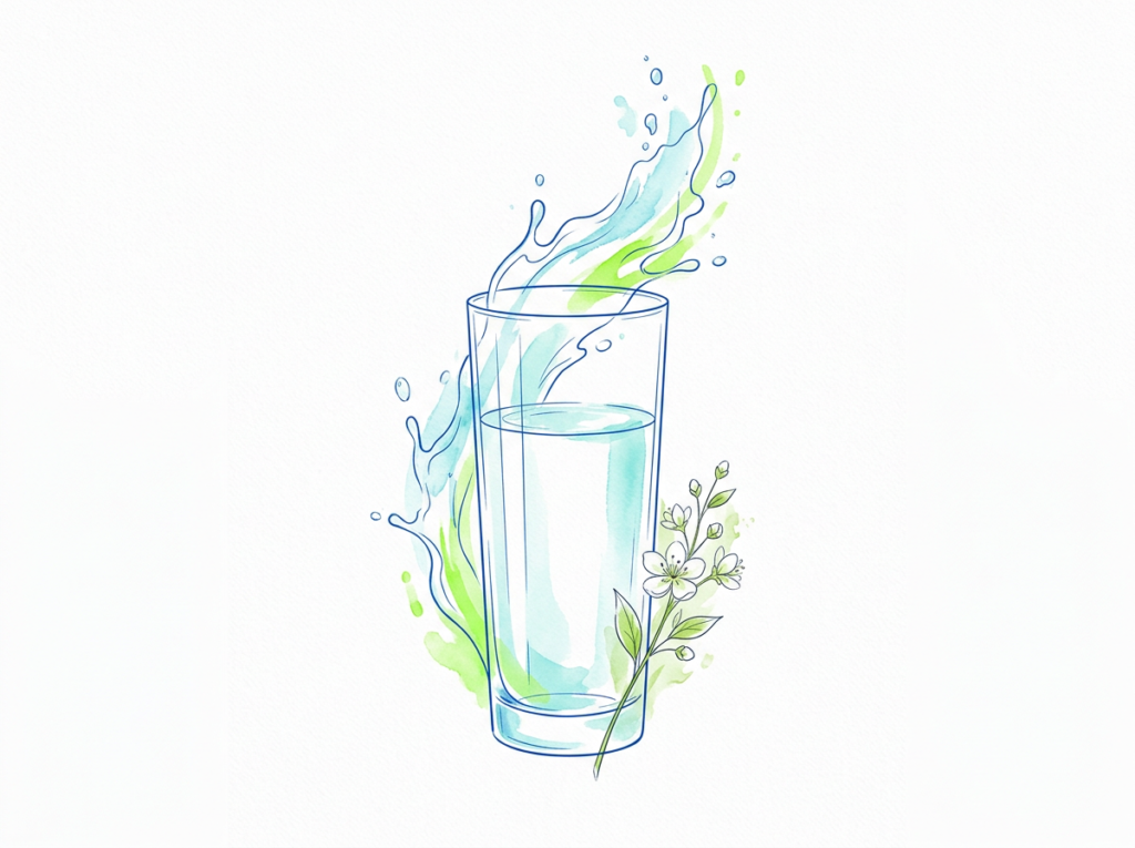 Ilustración minimalista de un vaso de vidrio alto y elegante con agua cristalina, del que emergen suaves salpicaduras expr...