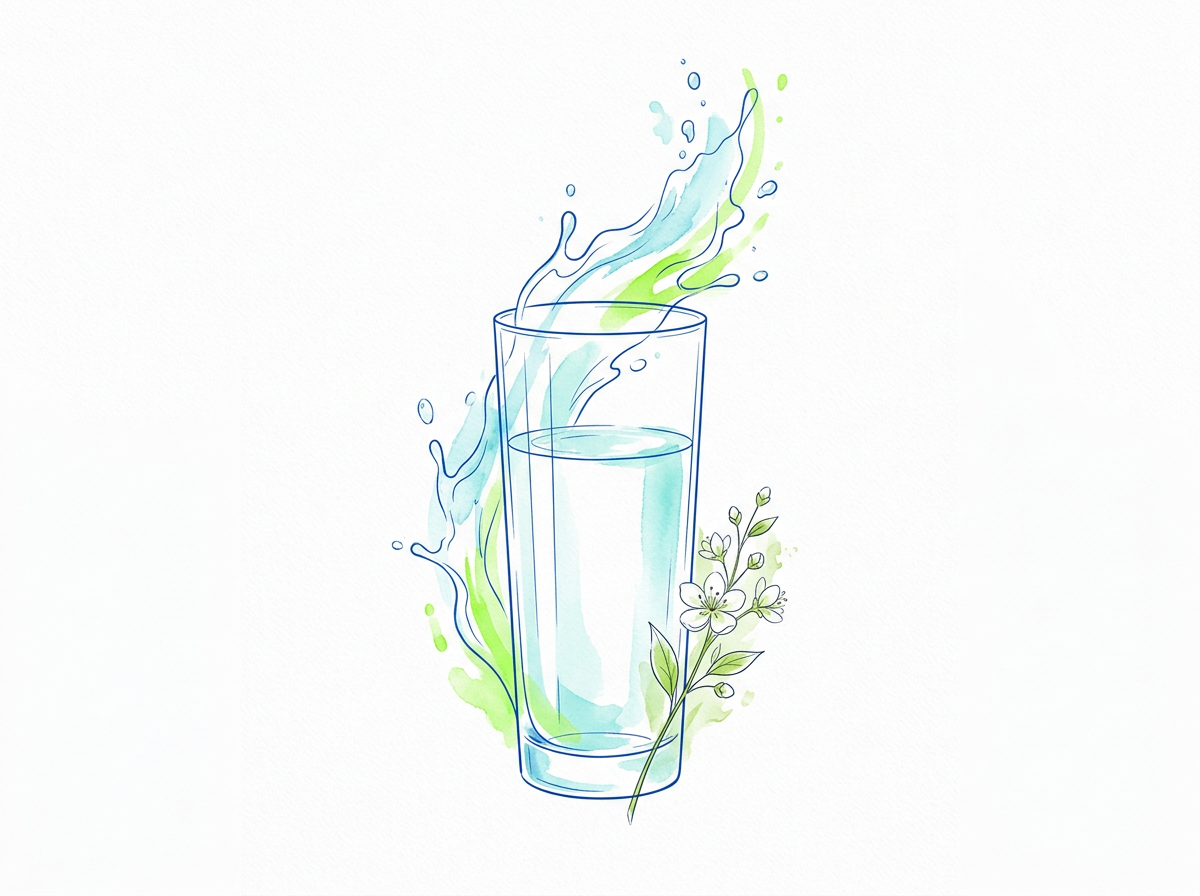 Ilustración minimalista de un vaso de vidrio alto y elegante con agua cristalina, del que emergen suaves salpicaduras expr...