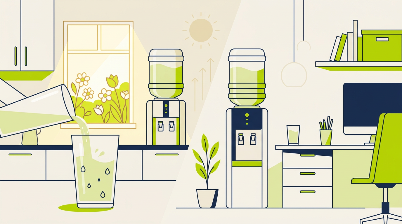 Ilustración flat design que muestra un dispenser de agua en un hogar y una oficina durante la primavera, con elementos visuales que evocan el calor estacional y la importancia de mantenerse hidratado